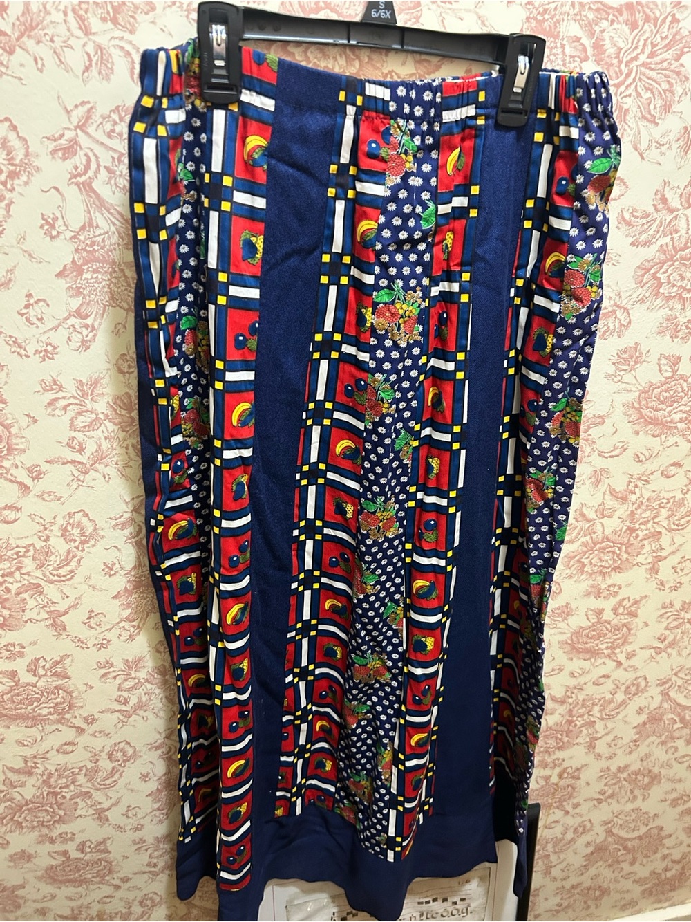 70s Homemade Vibrant Blue Multi-Pattern Maxi Skirt